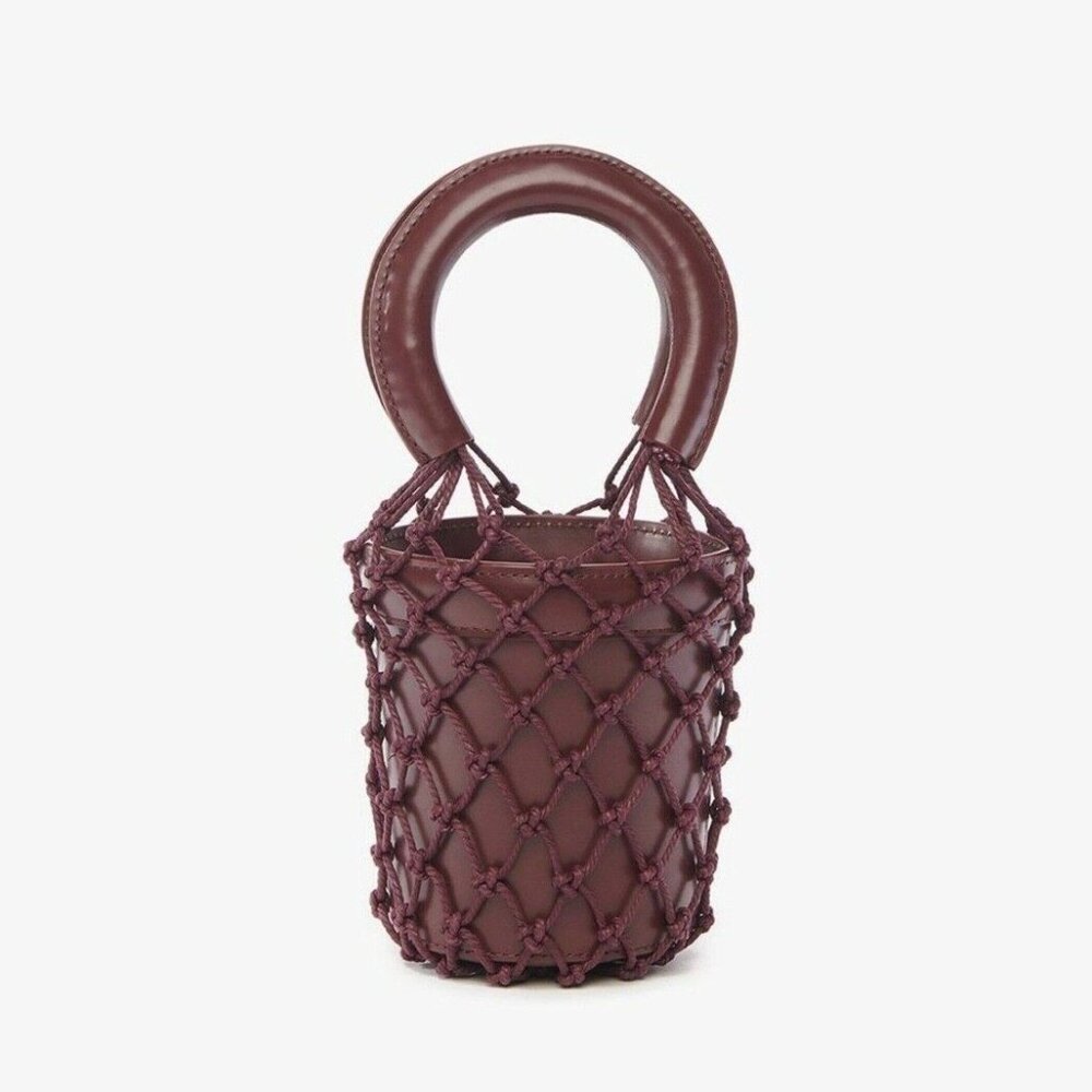 STAUD Mini Moreau Leather and Macramé Bucket Bag in Bordeaux - Picture 4 of 4